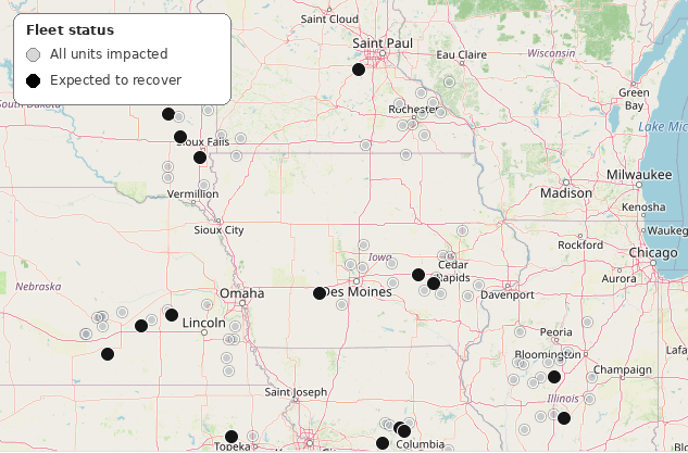 Fleet status map across the upper Midwest showing all impacted units in grey and the units expected to recover in black.