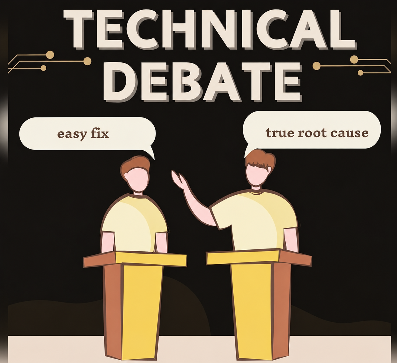 Illustration titled Technical Debate: two engineers at podiums, one arguing for the easy fix and the other for the true root cause.